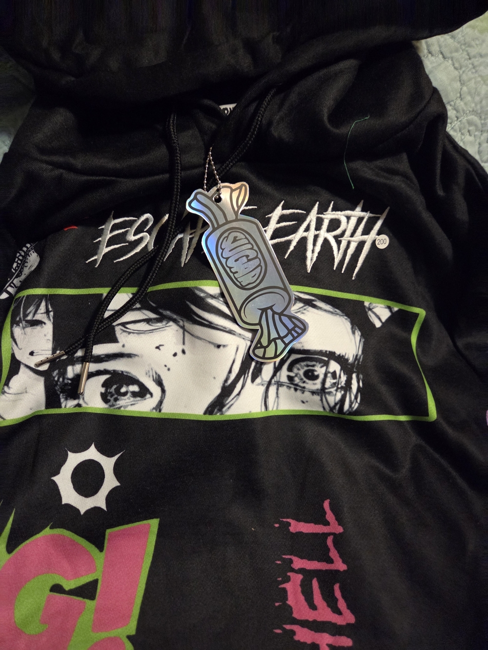 Black Graphic Performance Hoodie with Multicolor Anime Panels - Picture 2 of 11